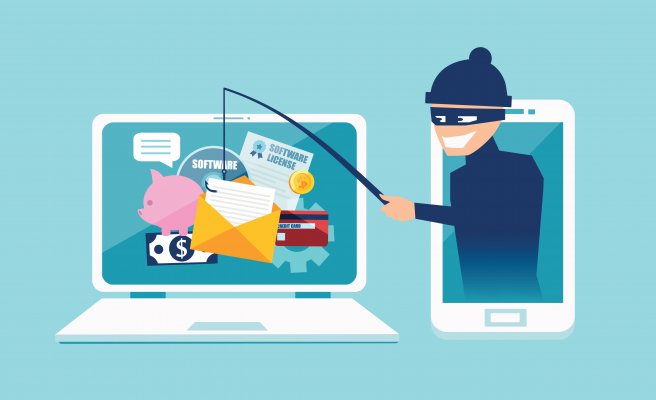 Cartoon criminal phishing online