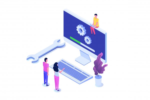 Cartoon people fixing computer
