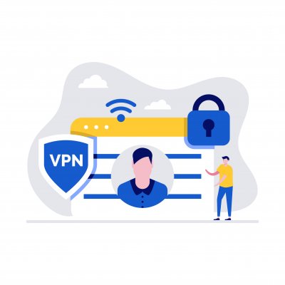 Cartoon image of VPN shield protecting computer user.